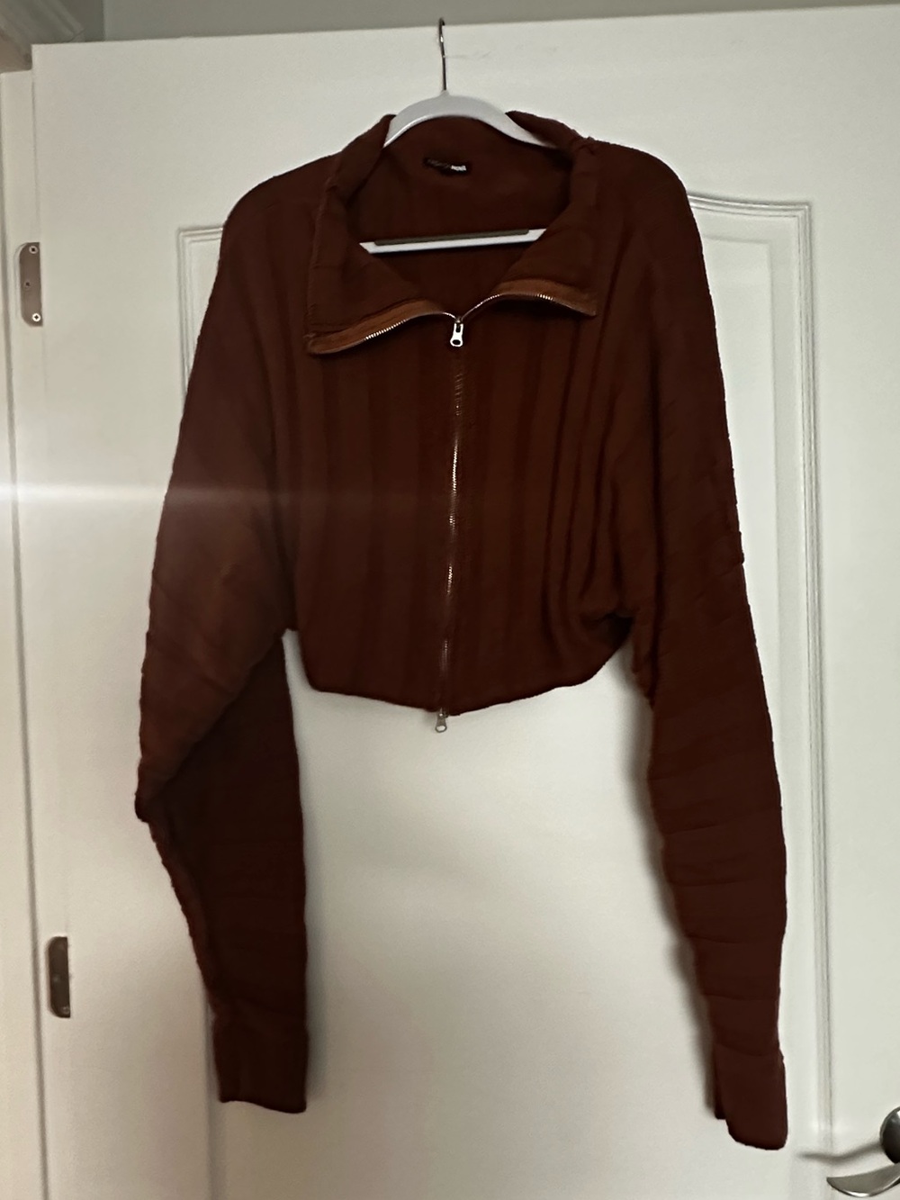 Brown Cropped Ribbed Zip-Front Sweater - Picture 2 of 2